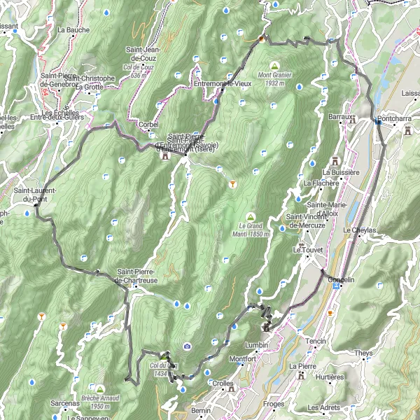 Miniature de la carte de l'inspiration cycliste "Le tour du Granier" dans la Rhône-Alpes, France. Générée par le planificateur d'itinéraire cycliste Tarmacs.app