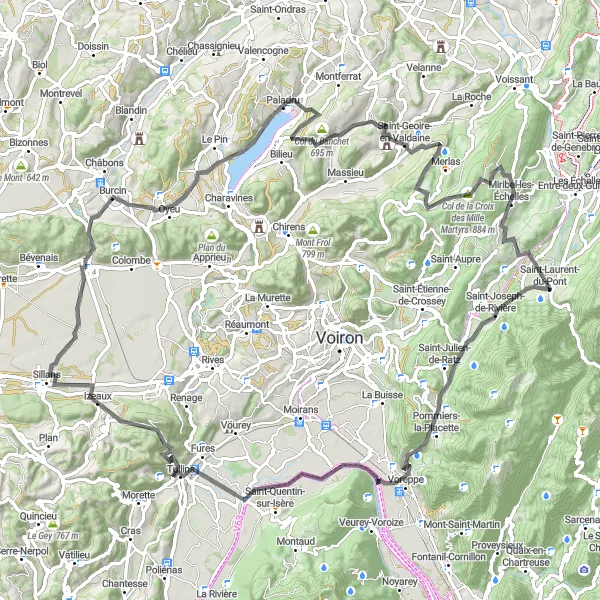 Miniature de la carte de l'inspiration cycliste "Les grands cols de l'Isère" dans la Rhône-Alpes, France. Générée par le planificateur d'itinéraire cycliste Tarmacs.app