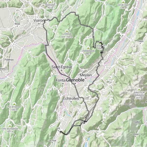 Miniature de la carte de l'inspiration cycliste "La boucle du Mont Jalla" dans la Rhône-Alpes, France. Générée par le planificateur d'itinéraire cycliste Tarmacs.app