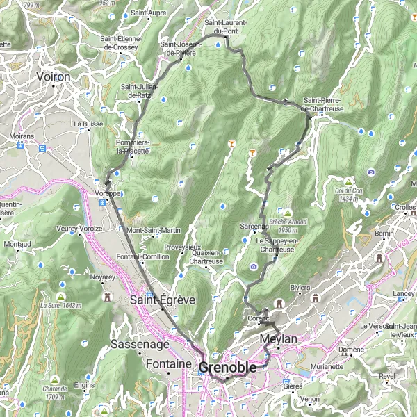 Miniature de la carte de l'inspiration cycliste "Le tour de Chartreuse" dans la Rhône-Alpes, France. Générée par le planificateur d'itinéraire cycliste Tarmacs.app