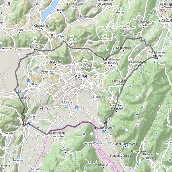 Miniature de la carte de l'inspiration cycliste "Escapade au cœur de l'Isère" dans la Rhône-Alpes, France. Générée par le planificateur d'itinéraire cycliste Tarmacs.app