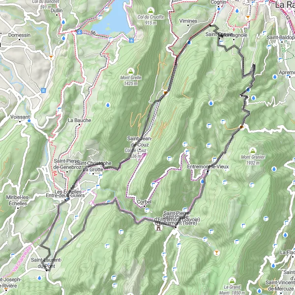 Miniature de la carte de l'inspiration cycliste "Escapade à Aiguenoire" dans la Rhône-Alpes, France. Générée par le planificateur d'itinéraire cycliste Tarmacs.app