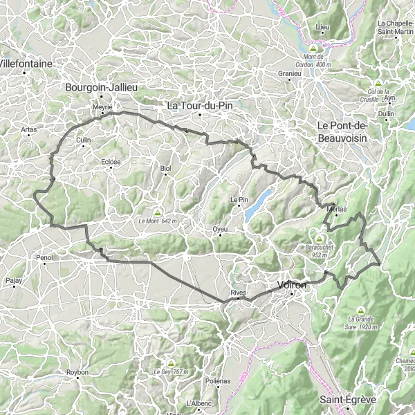 Kartminiatyr av "Kolossala klättringar och pittoreska byar" cykelinspiration i Rhône-Alpes, France. Genererad av Tarmacs.app cykelruttplanerare