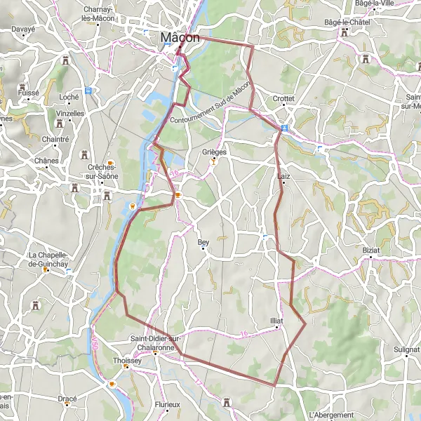 Kartminiatyr av "Grusvei gjennom Mâcon-regionen" sykkelinspirasjon i Rhône-Alpes, France. Generert av Tarmacs.app sykkelrutoplanlegger