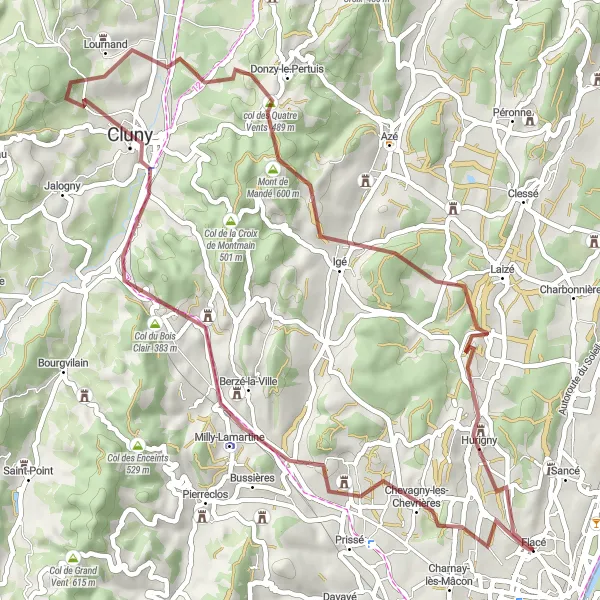 Miniatua del mapa de inspiración ciclista "Ruta de gravilla de 57 km cerca de Saint-Laurent-sur-Saône" en Rhône-Alpes, France. Generado por Tarmacs.app planificador de rutas ciclistas