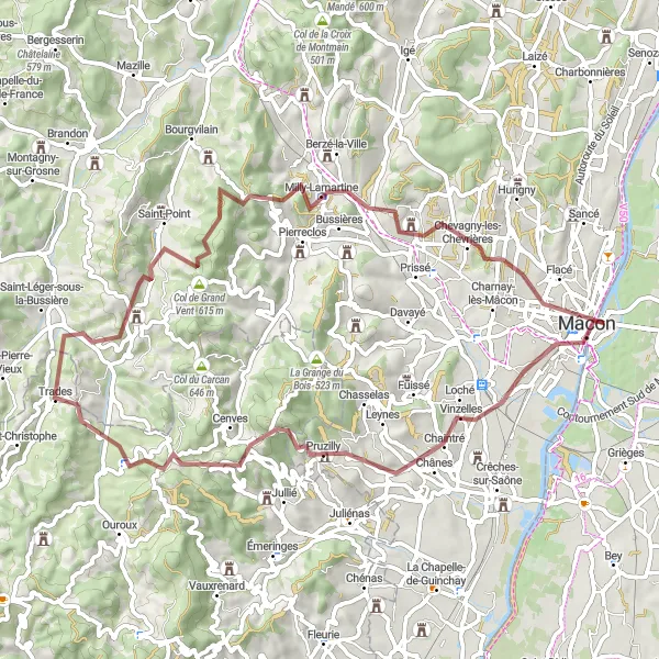 Miniatua del mapa de inspiración ciclista "Ruta de Grava a través de Mâcon y Saint-Jacques-des-Arrêts" en Rhône-Alpes, France. Generado por Tarmacs.app planificador de rutas ciclistas
