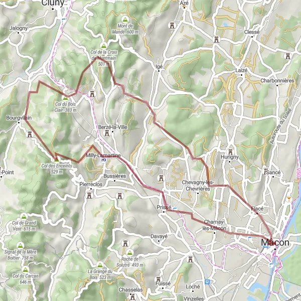 Map miniature of "Saône Valley Gravel Loop" cycling inspiration in Rhône-Alpes, France. Generated by Tarmacs.app cycling route planner