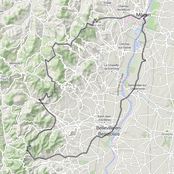 Map miniature of "Road Route from Saint-Laurent-sur-Saône to Mâcon" cycling inspiration in Rhône-Alpes, France. Generated by Tarmacs.app cycling route planner