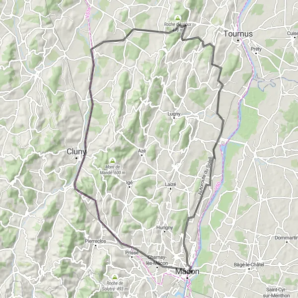 Miniatua del mapa de inspiración ciclista "Ruta de carretera de 90 km cerca de Saint-Laurent-sur-Saône" en Rhône-Alpes, France. Generado por Tarmacs.app planificador de rutas ciclistas