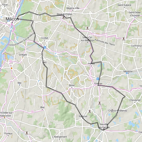 Miniatua del mapa de inspiración ciclista "Ruta de Saint-Laurent a Mâcon por Bâgé-le-Châtel y Neuville-les-Dames" en Rhône-Alpes, France. Generado por Tarmacs.app planificador de rutas ciclistas