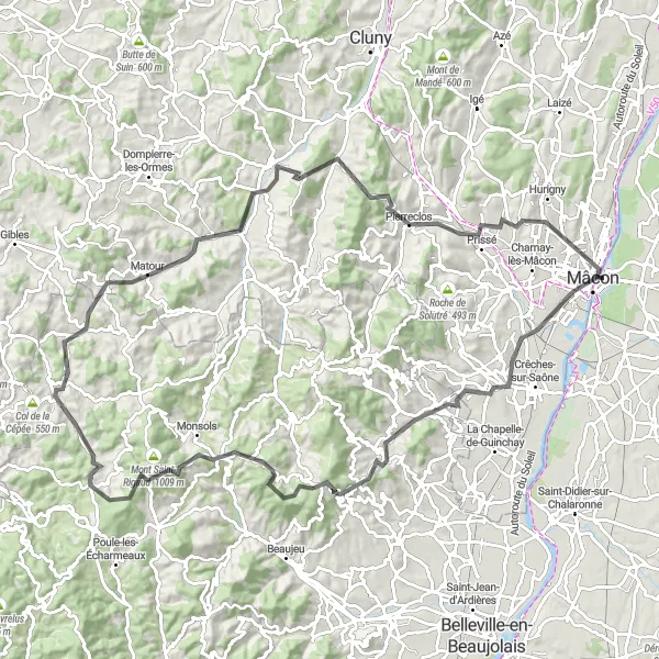 Miniatua del mapa de inspiración ciclista "Ruta de ciclismo de carretera desde Saint-Laurent-sur-Saône" en Rhône-Alpes, France. Generado por Tarmacs.app planificador de rutas ciclistas