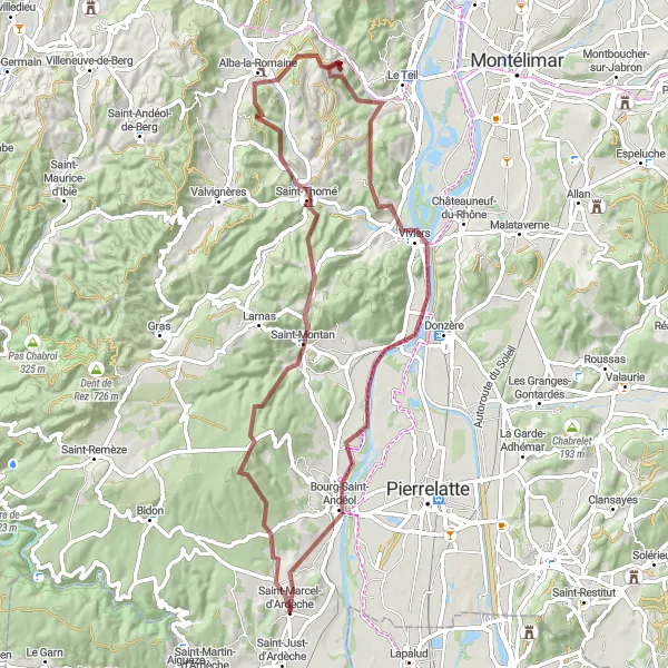Karten-Miniaturansicht der Radinspiration "Abenteuerliche Graveltour durch die Ardèche" in Rhône-Alpes, France. Erstellt vom Tarmacs.app-Routenplaner für Radtouren