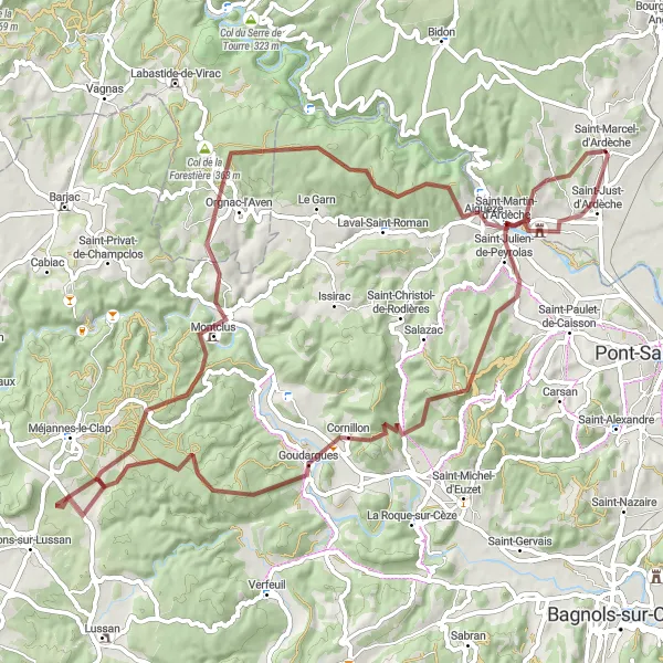Zemljevid v pomanjšavi "Gravel potovanje do Rochers de Castelviel" kolesarske inspiracije v Rhône-Alpes, France. Generirano z načrtovalcem kolesarskih poti Tarmacs.app