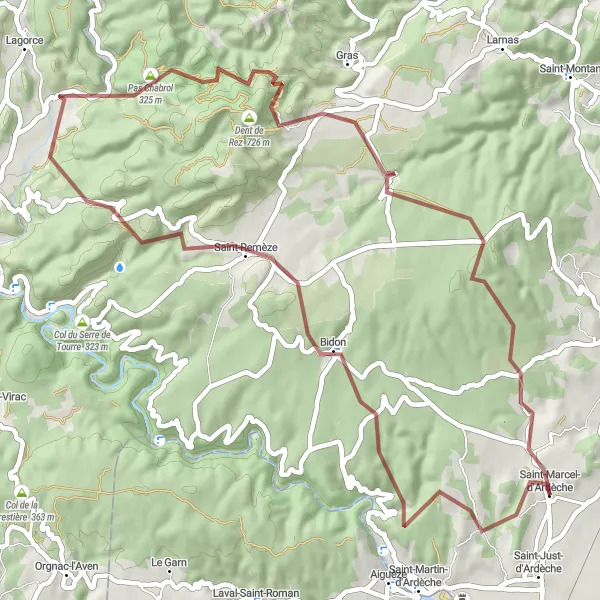 Miniatuurkaart van de fietsinspiratie "Gravel Avontuur in Ardèche" in Rhône-Alpes, France. Gemaakt door de Tarmacs.app fietsrouteplanner