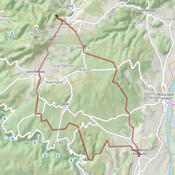 Miniature de la carte de l'inspiration cycliste "Aventure Gravel en Ardèche" dans la Rhône-Alpes, France. Générée par le planificateur d'itinéraire cycliste Tarmacs.app