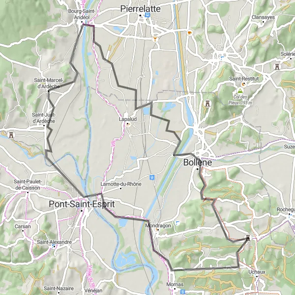 Miniature de la carte de l'inspiration cycliste "La Forteresse de Mornas et le Pont-Saint-Esprit" dans la Rhône-Alpes, France. Générée par le planificateur d'itinéraire cycliste Tarmacs.app