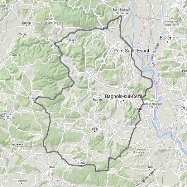 Karten-Miniaturansicht der Radinspiration "Tour durch Chusclan und Lussan" in Rhône-Alpes, France. Erstellt vom Tarmacs.app-Routenplaner für Radtouren