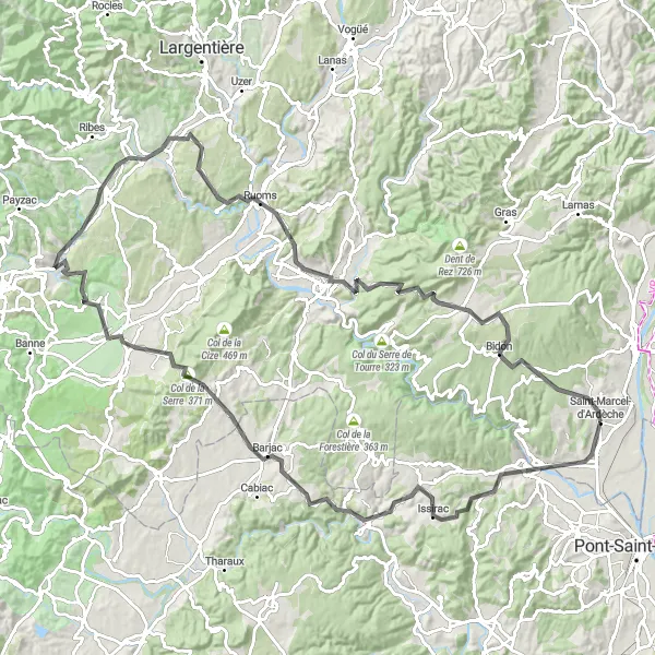 Miniatuurkaart van de fietsinspiratie "Avontuurlijke route naar Les Assions en Labeaume" in Rhône-Alpes, France. Gemaakt door de Tarmacs.app fietsrouteplanner