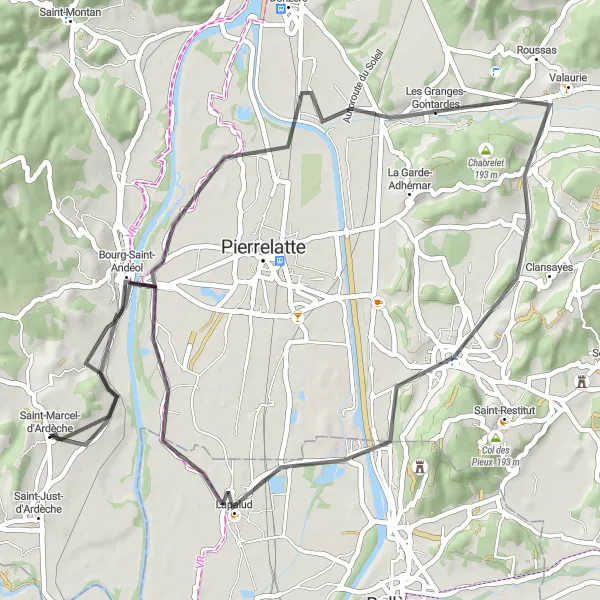 Miniatuurkaart van de fietsinspiratie "Rondrit langs Quartier des Chênes en Vallon de Tourne" in Rhône-Alpes, France. Gemaakt door de Tarmacs.app fietsrouteplanner