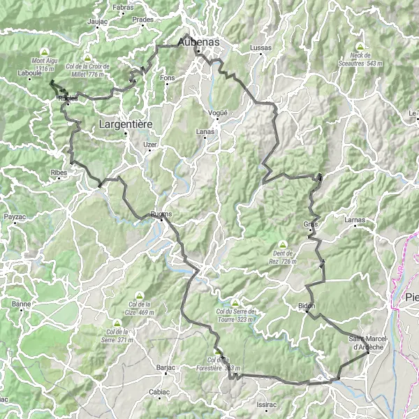 Miniature de la carte de l'inspiration cycliste "Les Gorges de l'Ardèche et les villages pittoresques" dans la Rhône-Alpes, France. Générée par le planificateur d'itinéraire cycliste Tarmacs.app