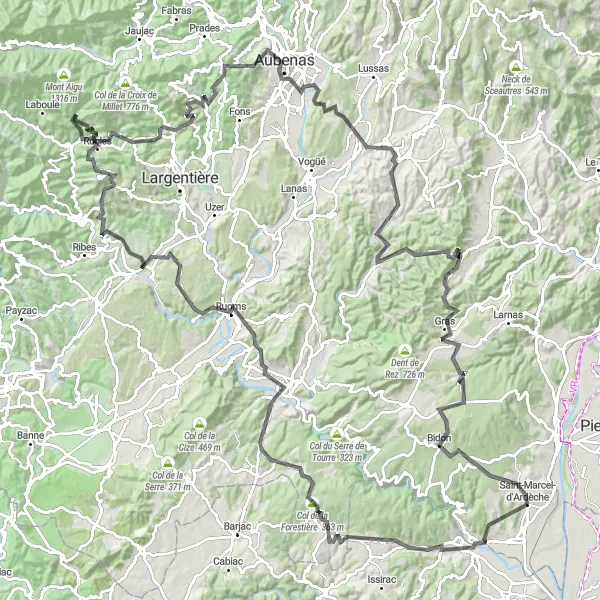 Miniaturekort af cykelinspirationen "Landevejscykelrute til Saint-Marcel-d'Ardèche" i Rhône-Alpes, France. Genereret af Tarmacs.app cykelruteplanlægger