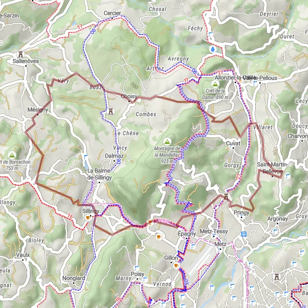 Miniatua del mapa de inspiración ciclista "Exploración Campestre en Grava" en Rhône-Alpes, France. Generado por Tarmacs.app planificador de rutas ciclistas