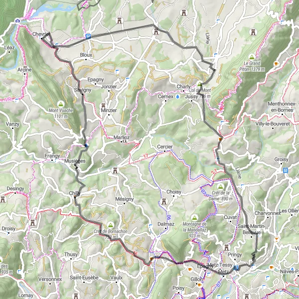 Miniatuurkaart van de fietsinspiratie "Mont Pelé Loop" in Rhône-Alpes, France. Gemaakt door de Tarmacs.app fietsrouteplanner