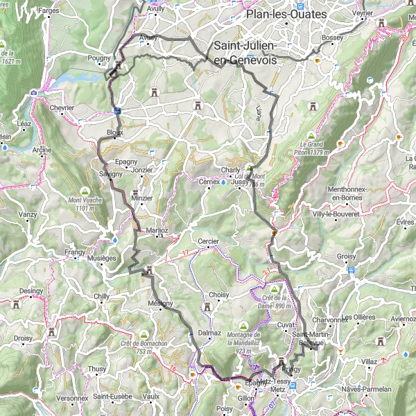 Karttaminiaatyyri "Maantiepyöräilyretki Lähellä Saint-Martin-Bellevuea" pyöräilyinspiraatiosta alueella Rhône-Alpes, France. Luotu Tarmacs.app pyöräilyreittisuunnittelijalla