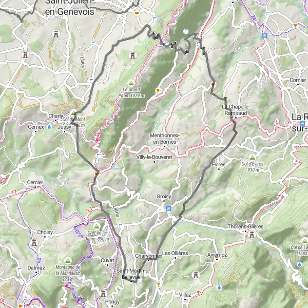 Map miniature of "Scenic Road Cycling Route - Saint-Martin-Bellevue to Arbusigny" cycling inspiration in Rhône-Alpes, France. Generated by Tarmacs.app cycling route planner