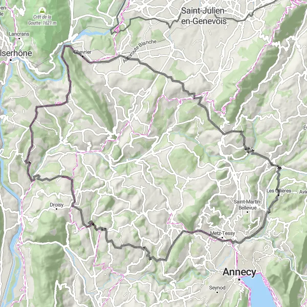 Zemljevid v pomanjšavi "Kolesarska pot okoli Saint-Martin-Bellevue" kolesarske inspiracije v Rhône-Alpes, France. Generirano z načrtovalcem kolesarskih poti Tarmacs.app