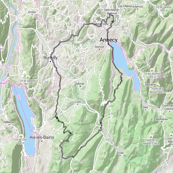 Map miniature of "Annecy and Col de Leschaux" cycling inspiration in Rhône-Alpes, France. Generated by Tarmacs.app cycling route planner