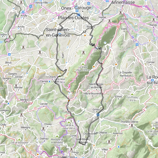 Miniatura della mappa di ispirazione al ciclismo "Tra natura e cultura: itinerario attraverso Mont Pelé e Château de Groisy" nella regione di Rhône-Alpes, France. Generata da Tarmacs.app, pianificatore di rotte ciclistiche