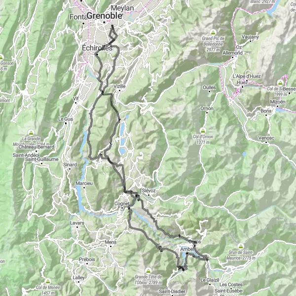 Miniature de la carte de l'inspiration cycliste "Les Côtes-de-Corps et Saut à l'élastique" dans la Rhône-Alpes, France. Générée par le planificateur d'itinéraire cycliste Tarmacs.app