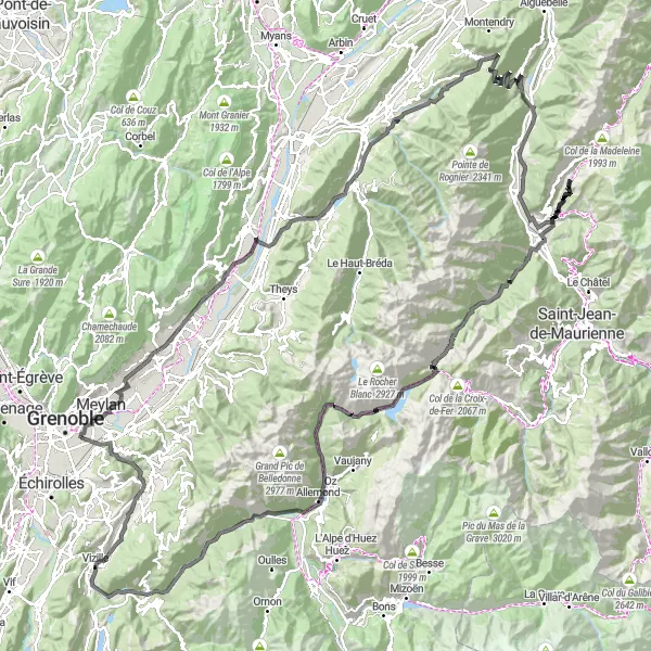 Kartminiatyr av "Utmanande Alpresa" cykelinspiration i Rhône-Alpes, France. Genererad av Tarmacs.app cykelruttplanerare