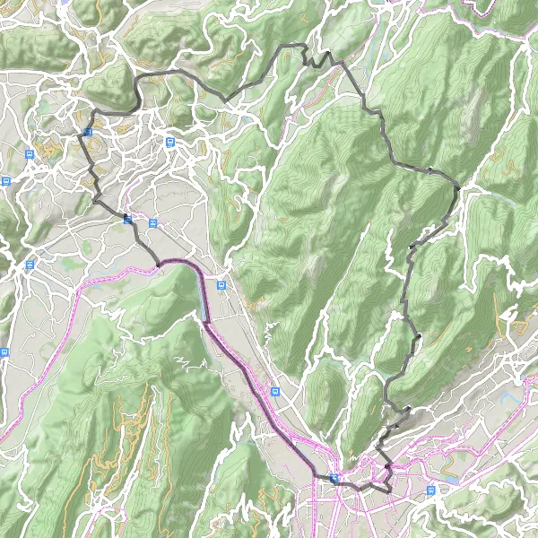 Map miniature of "Road to Adventures" cycling inspiration in Rhône-Alpes, France. Generated by Tarmacs.app cycling route planner