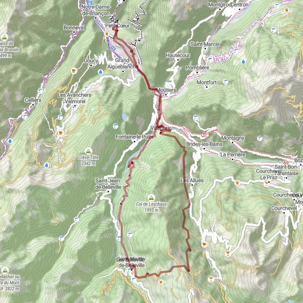 Miniatua del mapa de inspiración ciclista "Ruta de ciclismo gravel a Les Allues" en Rhône-Alpes, France. Generado por Tarmacs.app planificador de rutas ciclistas