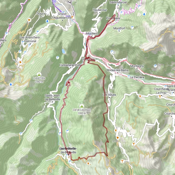Map miniature of "Saint-Martin-de-Belleville to Pas de Cherferie Gravel Cycling Route" cycling inspiration in Rhône-Alpes, France. Generated by Tarmacs.app cycling route planner