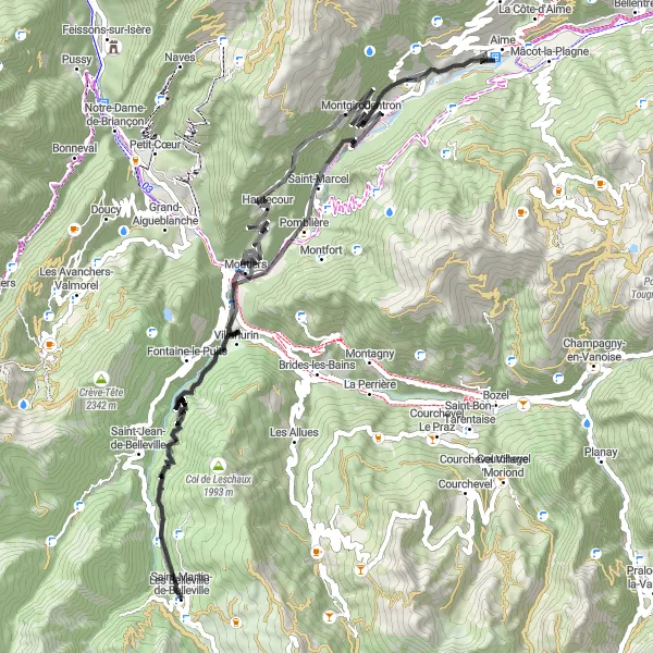 Mapa miniatúra "Z Saint-Martin-de-Belleville na Saint-Laurent-de-la-Côte" cyklistická inšpirácia v Rhône-Alpes, France. Vygenerované cyklistickým plánovačom trás Tarmacs.app