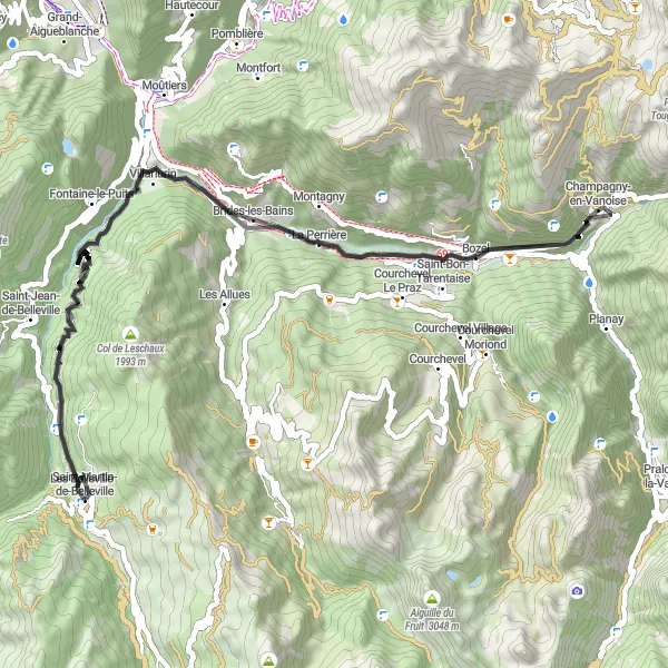 Mapa miniatúra "Trasa do Brides-les-Bains" cyklistická inšpirácia v Rhône-Alpes, France. Vygenerované cyklistickým plánovačom trás Tarmacs.app