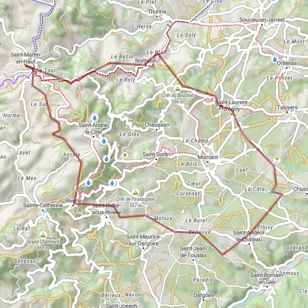 Mapa miniatúra "Gravel trasa Rontalonu a okolia" cyklistická inšpirácia v Rhône-Alpes, France. Vygenerované cyklistickým plánovačom trás Tarmacs.app