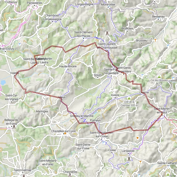 Miniatua del mapa de inspiración ciclista "Ruta de Grava desde Saint-Martin-en-Haut" en Rhône-Alpes, France. Generado por Tarmacs.app planificador de rutas ciclistas