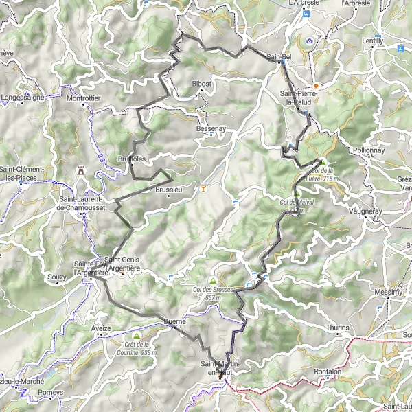 Mapa miniatúra "Trasa cez Le Crêt des Fées, Sainte-Foy-l'Argentière, Brullioles, Sain-Bel, Marmottes, Yzeron a Point de vue Rochefort" cyklistická inšpirácia v Rhône-Alpes, France. Vygenerované cyklistickým plánovačom trás Tarmacs.app