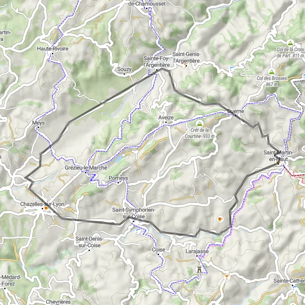 Mapa miniatúra "Trasa cez Saint-Symphorien-sur-Coise, Sainte-Foy-l'Argentière a Duerne" cyklistická inšpirácia v Rhône-Alpes, France. Vygenerované cyklistickým plánovačom trás Tarmacs.app