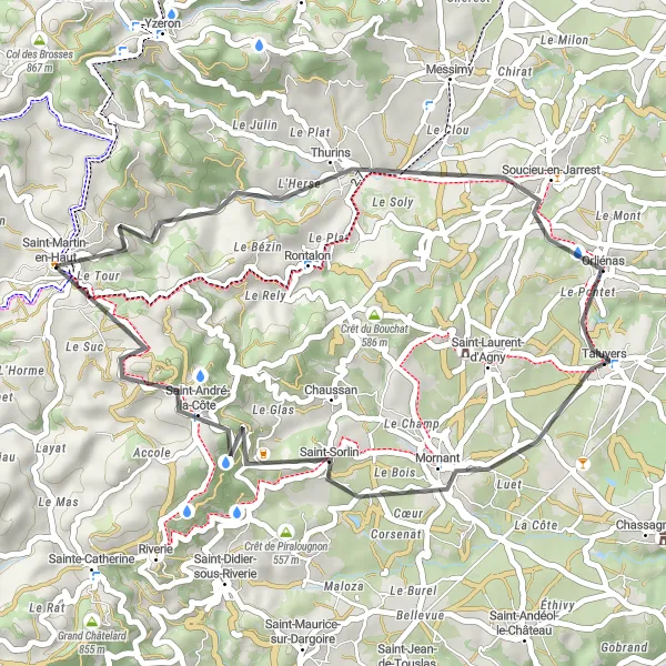 Map miniature of "Saint-Martin-en-Haut Loop" cycling inspiration in Rhône-Alpes, France. Generated by Tarmacs.app cycling route planner