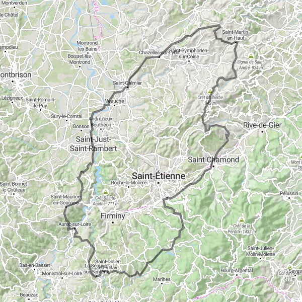 Miniatua del mapa de inspiración ciclista "Ruta en Carretera alrededor de Saint-Martin-en-Haut" en Rhône-Alpes, France. Generado por Tarmacs.app planificador de rutas ciclistas