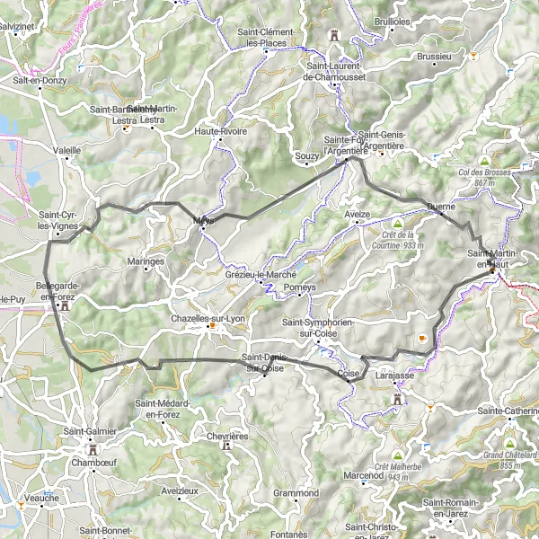 Karten-Miniaturansicht der Radinspiration "Panorama-Rundfahrt von Saint-Martin-en-Haut nach Le Crêt des Fées" in Rhône-Alpes, France. Erstellt vom Tarmacs.app-Routenplaner für Radtouren