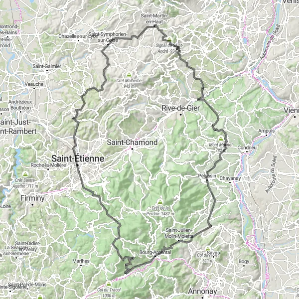 Map miniature of "The Spectacular Forez Exploration" cycling inspiration in Rhône-Alpes, France. Generated by Tarmacs.app cycling route planner