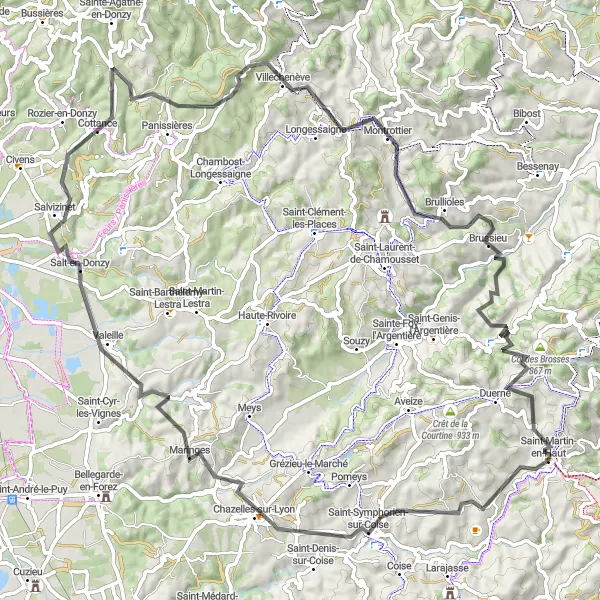 Mapa miniatúra "Náročná trasa cez Chazelles-sur-Lyon, Salt-en-Donzy, Cottance, Montrottier, Montromant a Col des Brosses" cyklistická inšpirácia v Rhône-Alpes, France. Vygenerované cyklistickým plánovačom trás Tarmacs.app