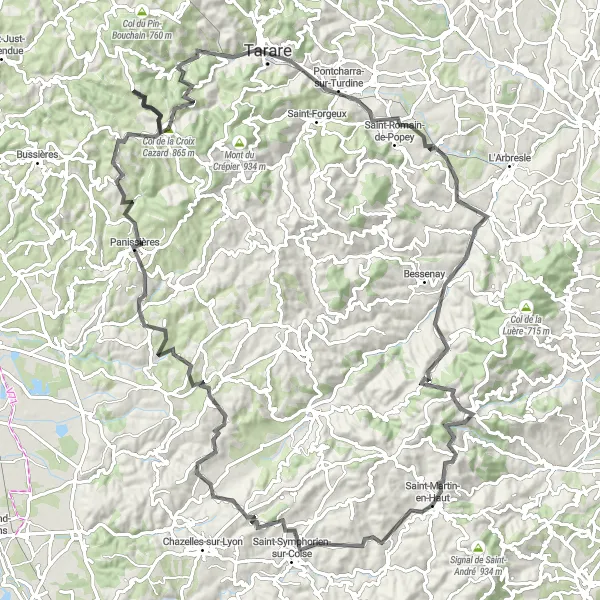 Miniaturní mapa "Turistika kolem Saint-Martin-en-Haut" inspirace pro cyklisty v oblasti Rhône-Alpes, France. Vytvořeno pomocí plánovače tras Tarmacs.app