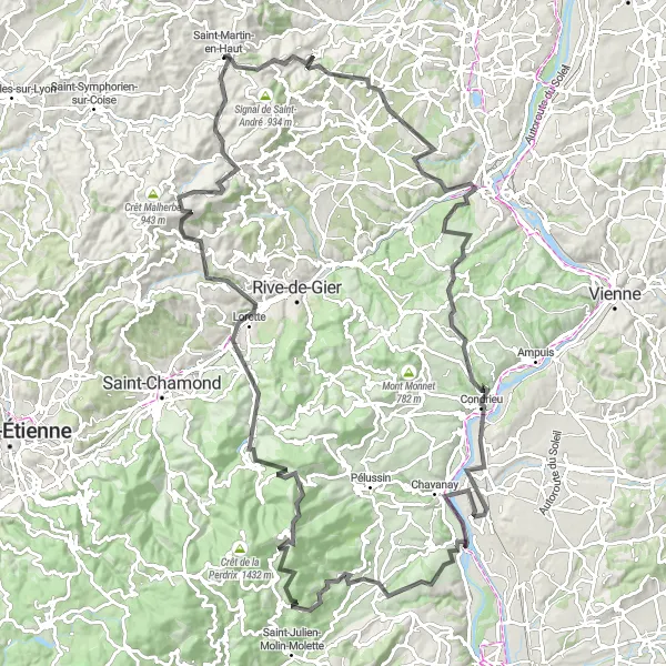 Map miniature of "Saint-Martin-en-Haut and the Rhône-Alpes Region" cycling inspiration in Rhône-Alpes, France. Generated by Tarmacs.app cycling route planner